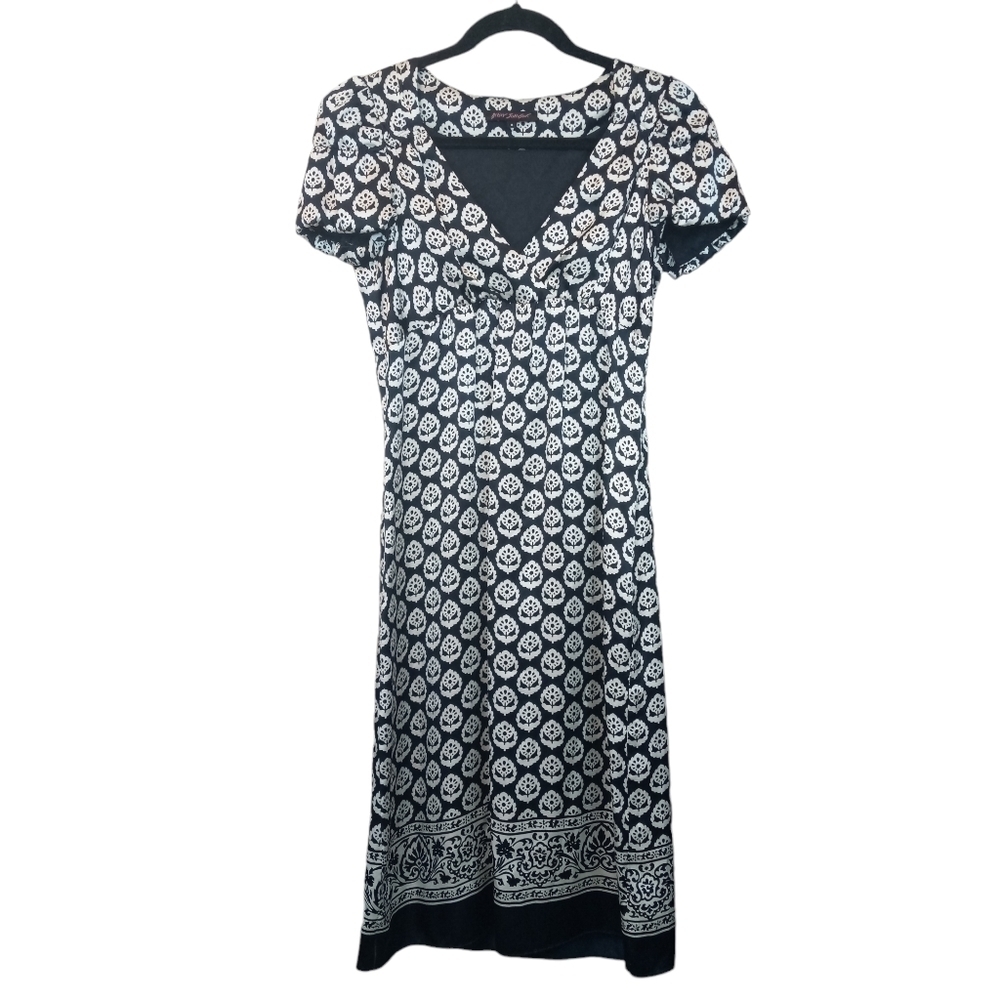 Betsey Johnson 100% Silk Empire Waist Mixed Print Dress Black & White Size 6